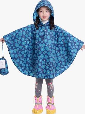 Kids Blue Floral Rain Poncho with Hood